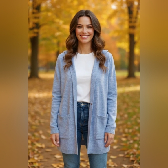 Verve Ami - NWOT, Light Blue Long Cardigan Sweater W/ Hood, Pockets, Soft & Cozy - Picture 1 of 11